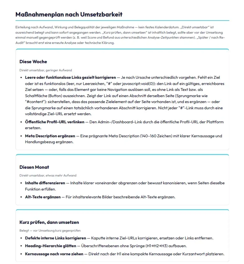 Seite aus dem PDF-Kundenreport: Maßnahmenplan nach Umsetzbarkeit, gegliedert in „Diese Woche“, „Diesen Monat“ und „Kurz prüfen, dann umsetzen“, jeweils mit konkreten Maßnahmen.