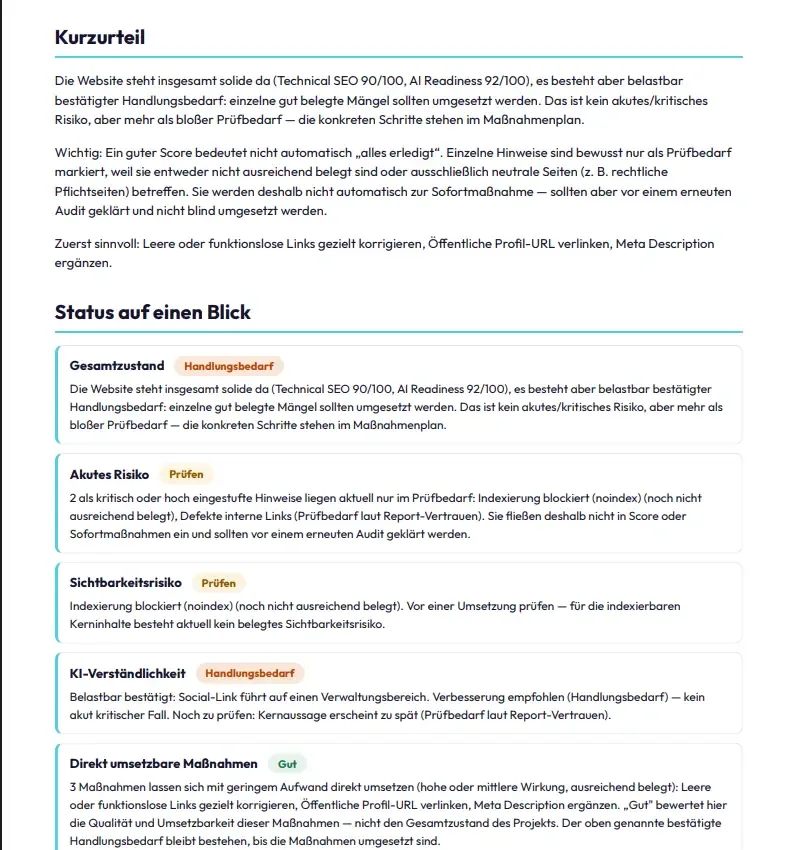 Seite aus dem PDF-Kundenreport: Kurzurteil und Status auf einen Blick mit den Blöcken Gesamtzustand, akutes Risiko, Sichtbarkeitsrisiko, KI-Verständlichkeit und direkt umsetzbare Maßnahmen, je mit Ampellabel.