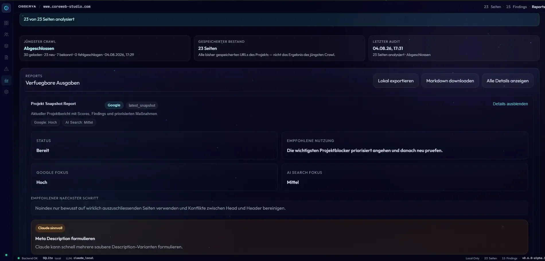 Reports-Ansicht von Obserya mit den verfügbaren Ausgaben, dem Projekt-Snapshot-Report, dem Status, dem empfohlenen nächsten Schritt sowie den Exportaktionen.