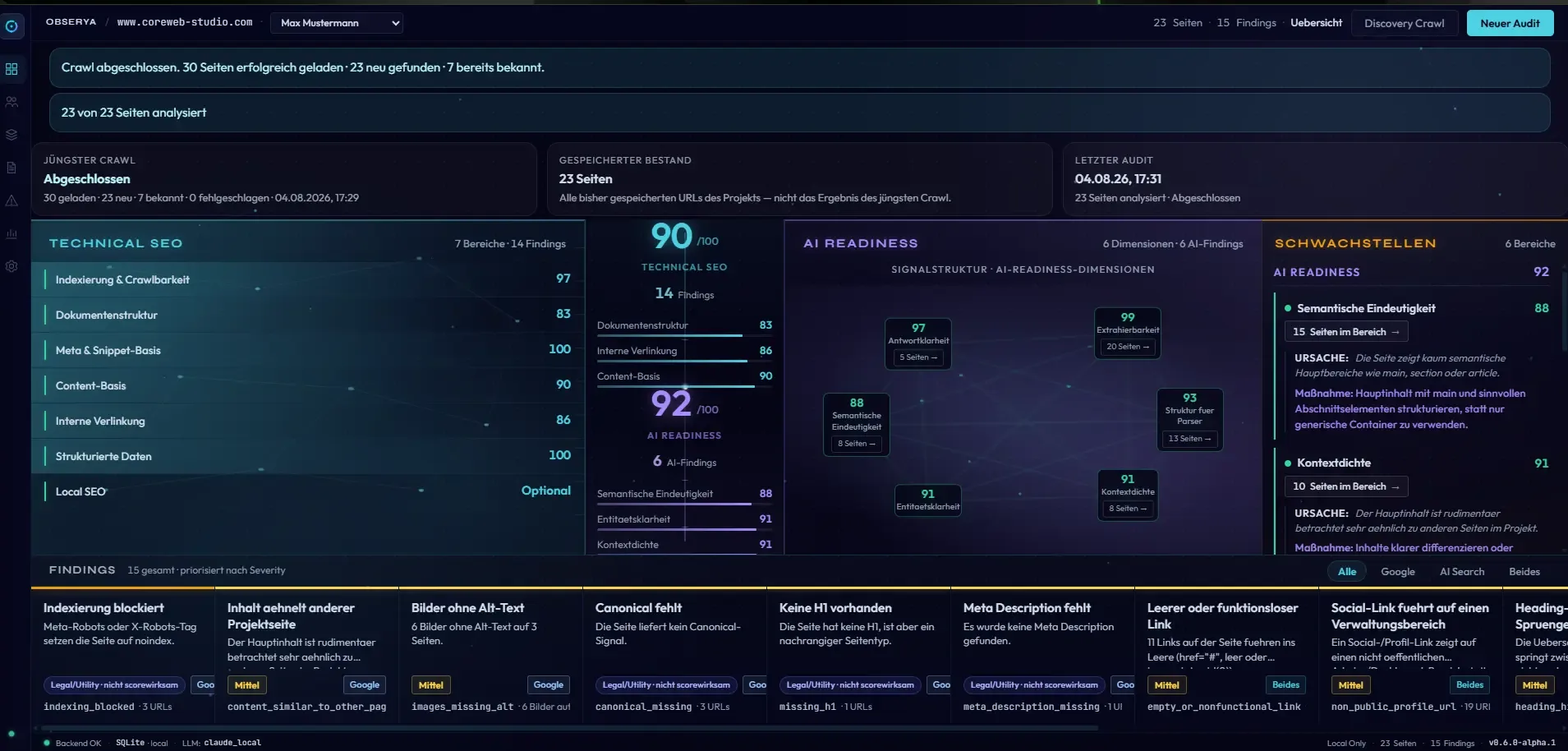 Obserya-Dashboard: links die Technical-SEO-Bereiche mit Einzelwerten, in der Mitte die beiden Scores für Technical SEO und AI Readiness, rechts die AI-Readiness-Dimensionen als Signalstruktur, darunter das Findings-Band.